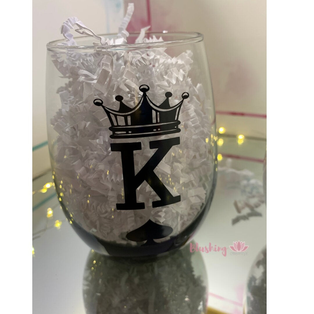 His and Hers Wine Glass | King and Queen custom stemless wine glass | wedding anniversary Couples Gift | Mr. and Mrs. wine glass  |