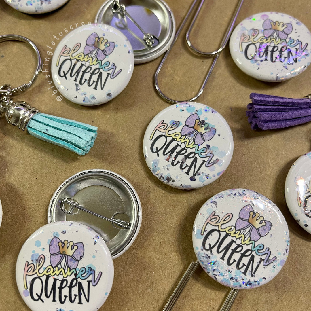 Planner Queen Glitter Jumbo paperclip, Planner Clip, Bookmark 1.25", Pinback button badge, Keychain