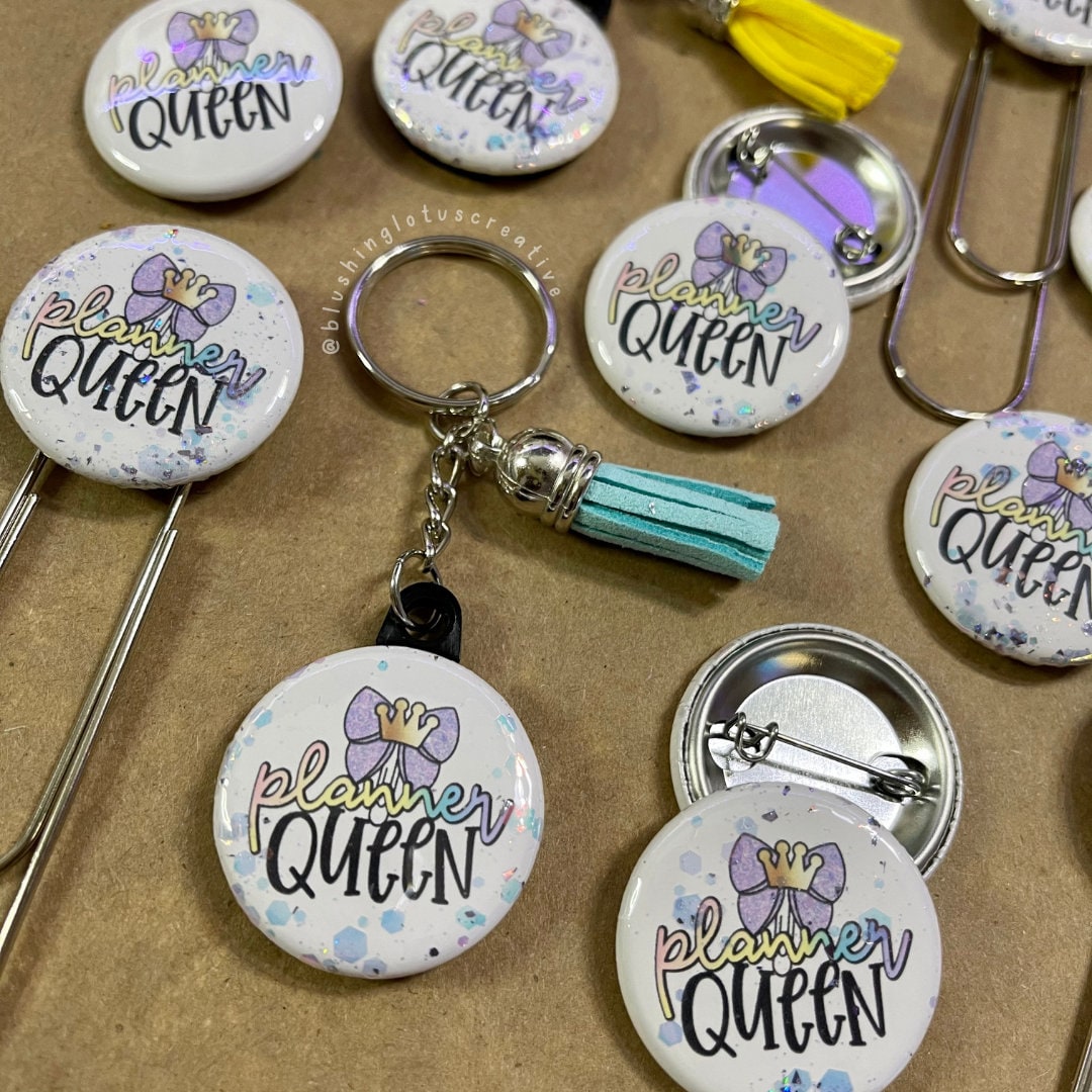 Planner Queen Glitter Jumbo paperclip, Planner Clip, Bookmark 1.25", Pinback button badge, Keychain