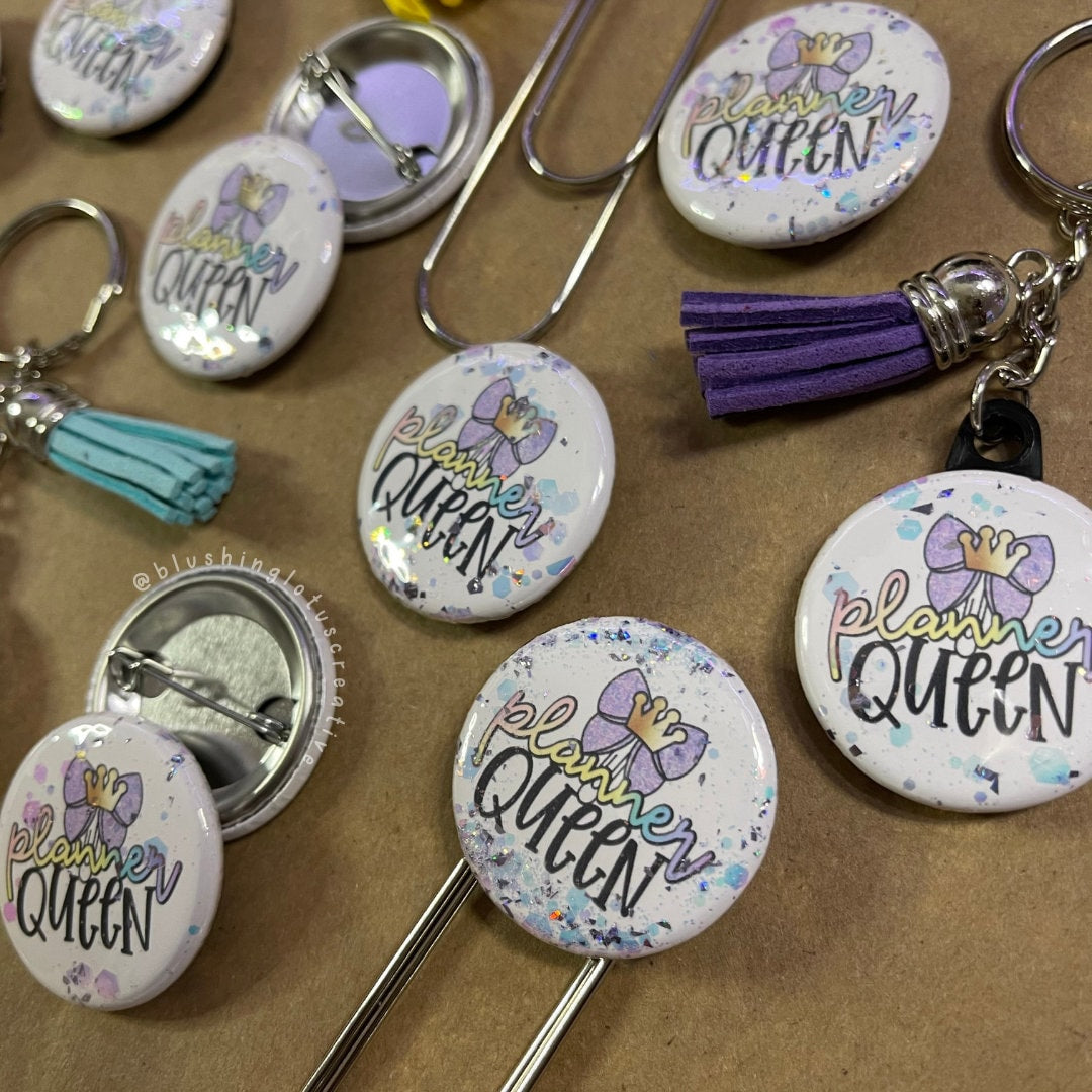 Planner Queen Glitter Jumbo paperclip, Planner Clip, Bookmark 1.25", Pinback button badge, Keychain