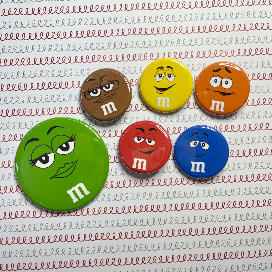 MnM Buttons, Magnet, Bottle Opener, Badge Reel