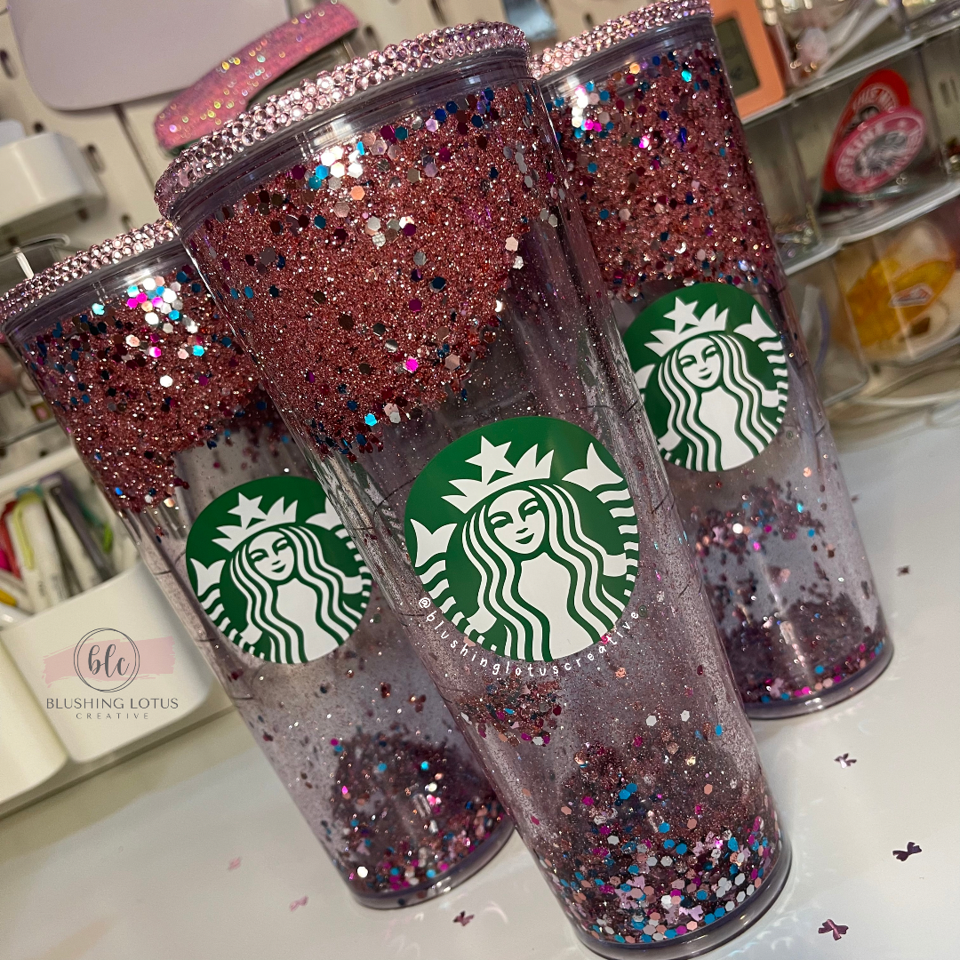 Personalized Bling Starbucks Snow globe Tumbler - Pink Bows