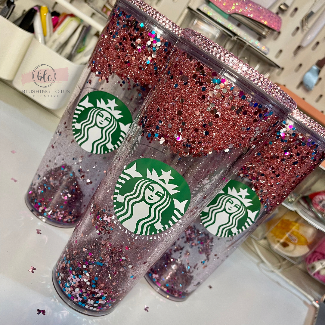 Personalized Bling Starbucks Snow globe Tumbler - Pink Bows