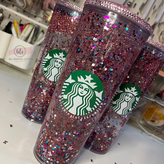 Personalized Bling Starbucks Snow globe Tumbler - Pink Bows